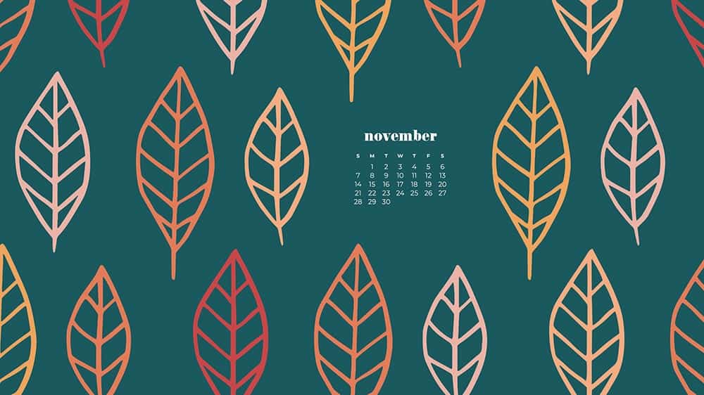 Colorful illustrated eaves on turquoise background November - FREE wallpaper calendars in Sunday & Monday starts + no-calendar designs. 35 options for both desktop and smart phones!