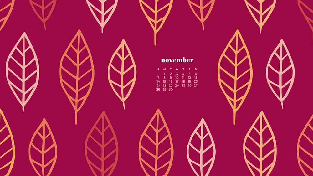 Colorful illustrated eaves on dark pinkbackground November - FREE wallpaper calendars in Sunday & Monday starts + no-calendar designs. 35 options for both desktop and smart phones!