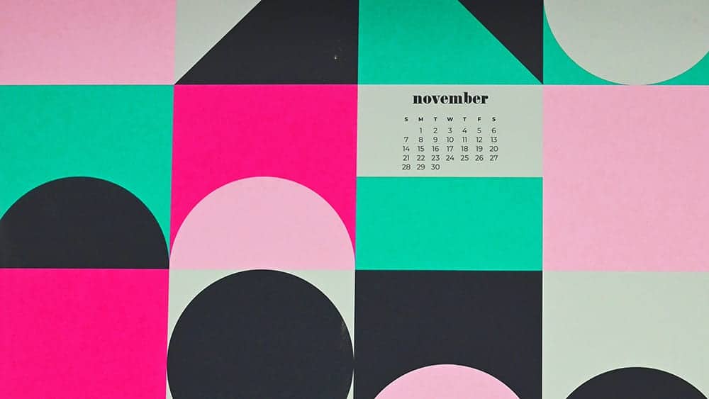 colorful modern retro geometric shape pattern November - FREE wallpaper calendars in Sunday & Monday starts + no-calendar designs. 35 options for both desktop and smart phones!