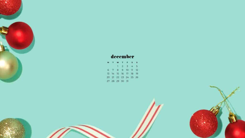 red and white striped holiday ribbon on turquoise aqua background - free december 2021 digital wallpapers