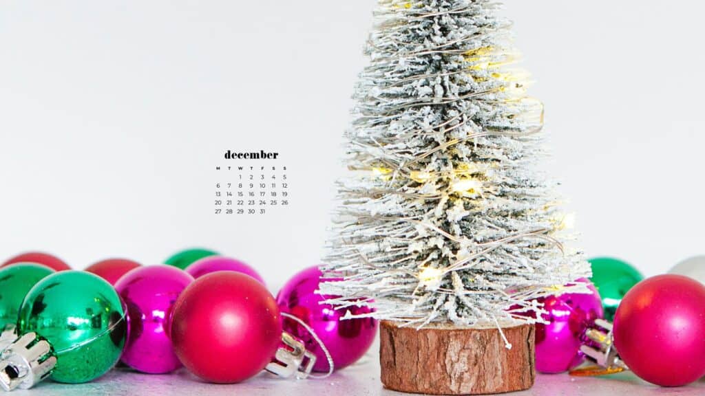 colorful ornaments and bottle brush tree on white background - free december digital wallpaper