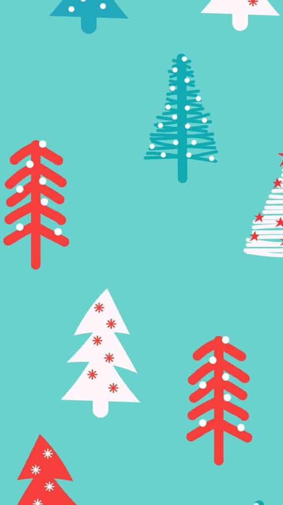 red and turquoise illustrated holiday trees - free december digital wallpapers