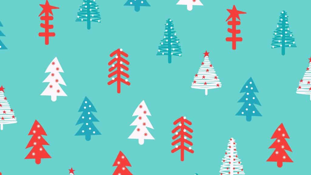red and turquoise illustrated holiday trees - free december digital wallpapers