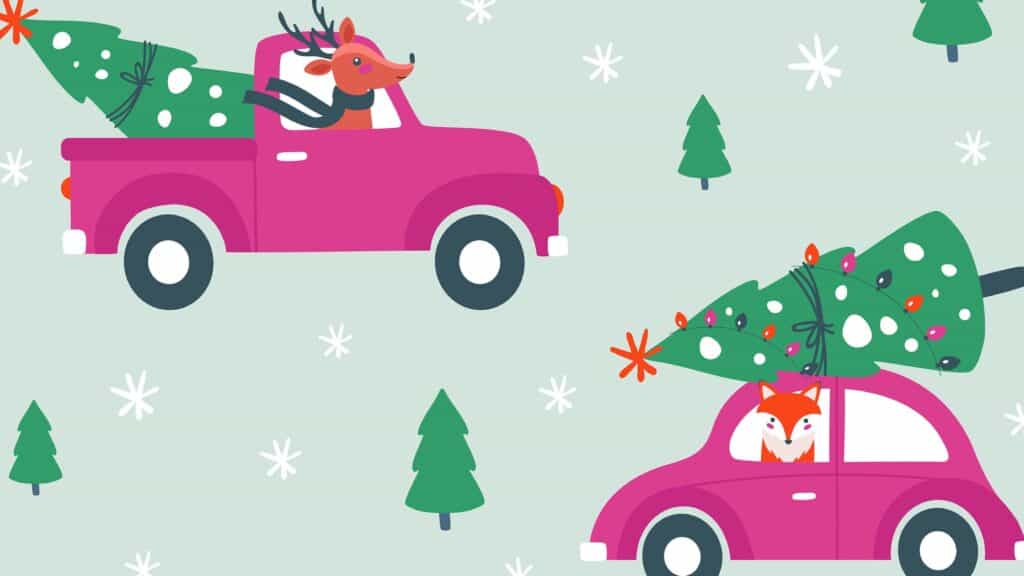 cute illustration with small colorful cars and a christmas tree on top