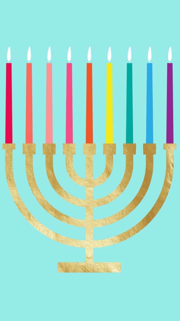 cute and colorful hanukkah menorah illustration with gold foil on aqua background - december digital wallpaper