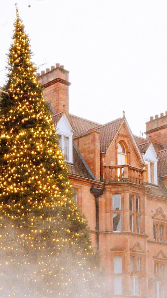 coral pink mansion castle with a beautiful large pine tree with lights - free december digital wallpapers