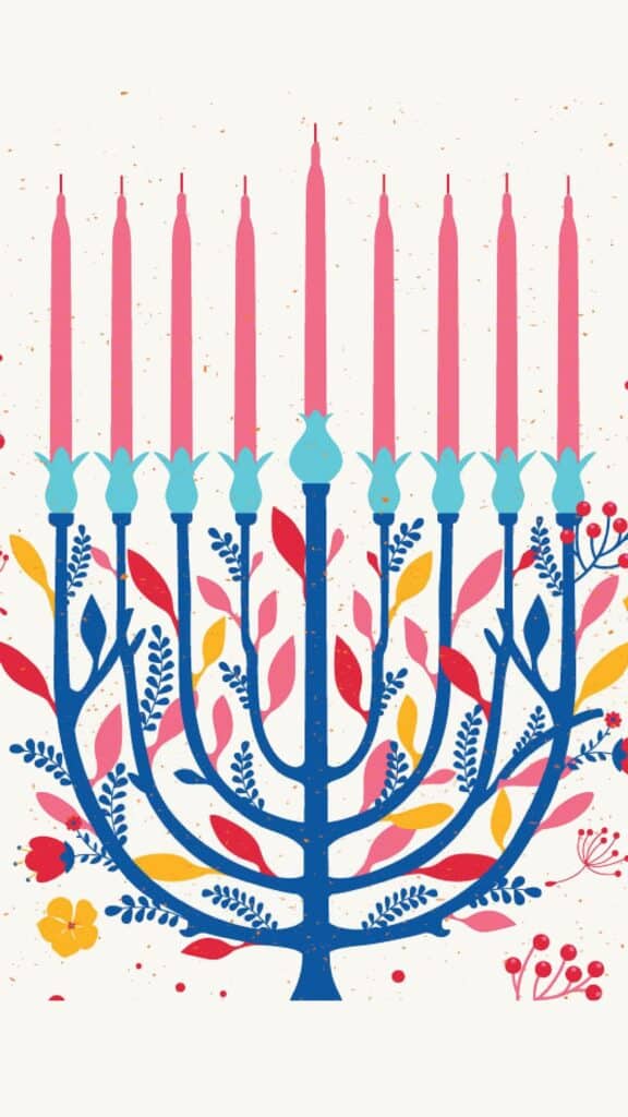 colorful hanukkah menorah illustration with florals on white background - december digital wallpaper