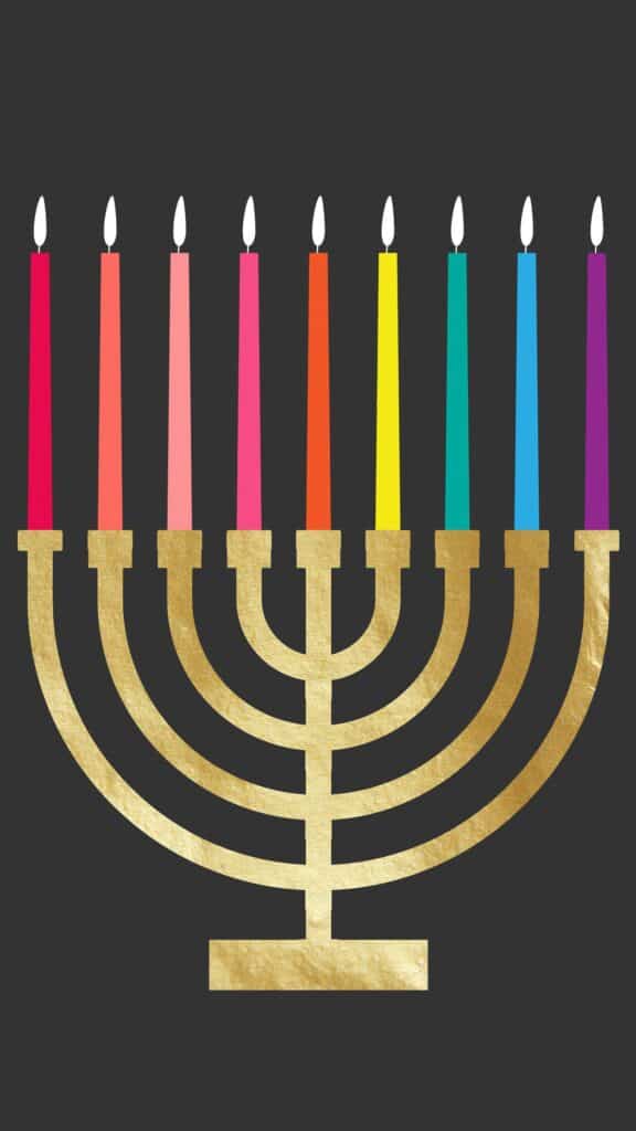 cute and colorful hanukkah menorah illustration with gold foil on dark background - december digital wallpaper