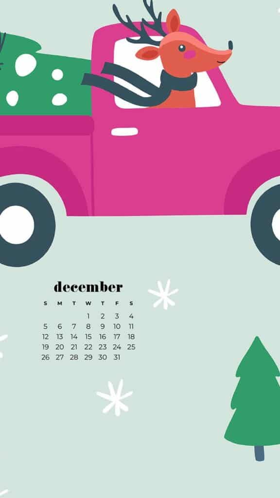 cute illustration with small colorful cars and a christmas tree on top - free december digital wallpapers