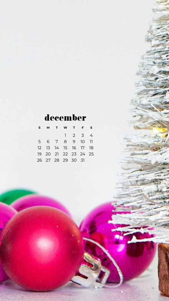 colorful ornaments and bottle brush tree on white background - free december digital wallpaper