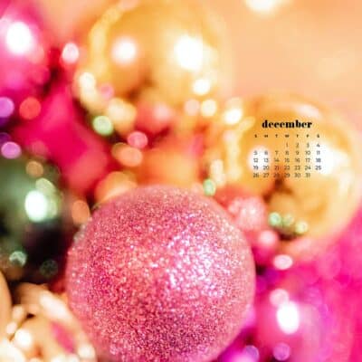 Pinnk, green, and gold sparkly holiday ornaments with bokeh blur + december 2021 calendar