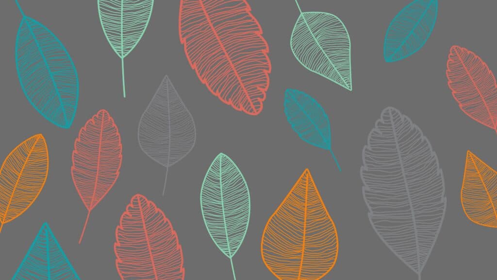 colorful turquoise, red, green leaves illustration on gray background FREE fall wallpapers for both desktop and phone — 27 cute, fun, and festive designs to choose from. Download yours today!