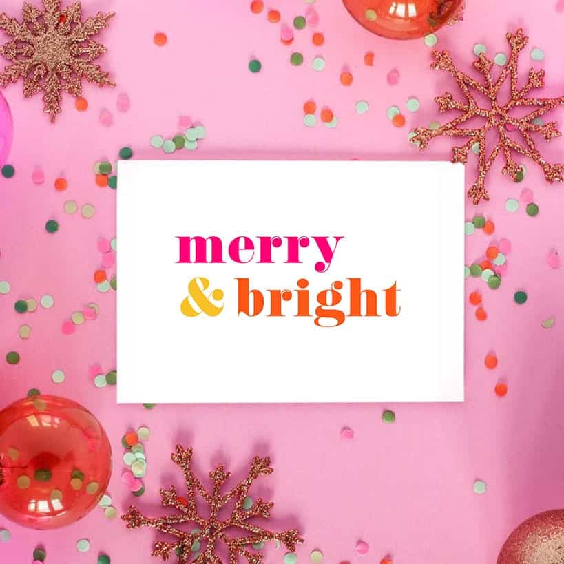 mockup of pink, yellow and orange free merry and bright art printables - Holiday art printables