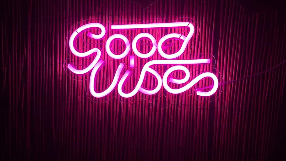 pink good vibes neon sign on bamboo background