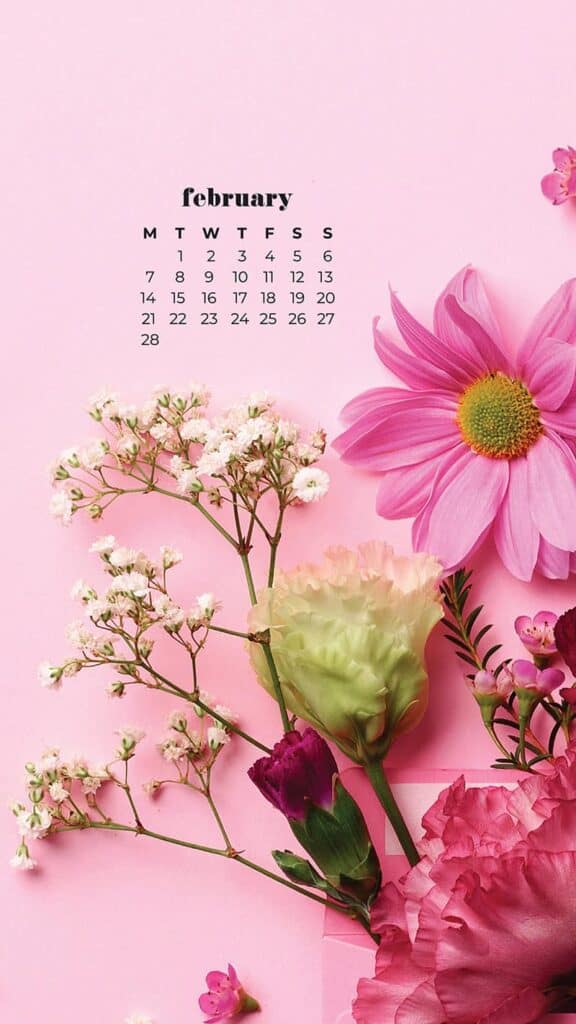 mixed flowers flat lay on a pink background - February 2022 wallpapers – 50 FREE calendars for your desktop & phone!