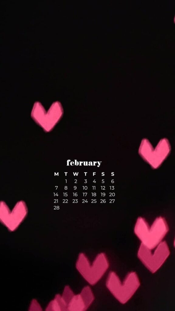 February 2022 heart lights on black background - February 2022 wallpapers – 50 FREE calendars for your desktop & phone!