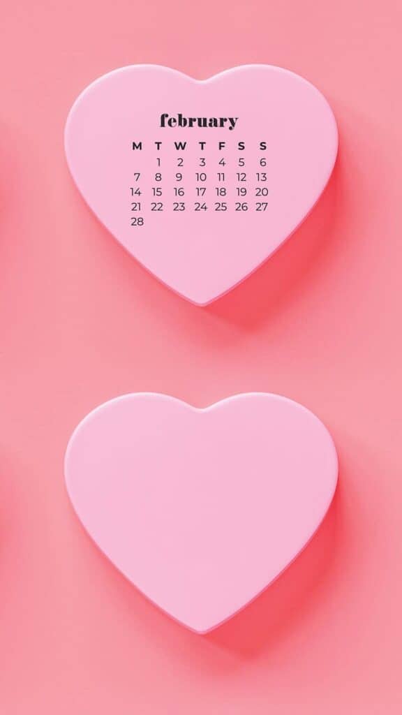 February 2022 pink hearts on coral pink background