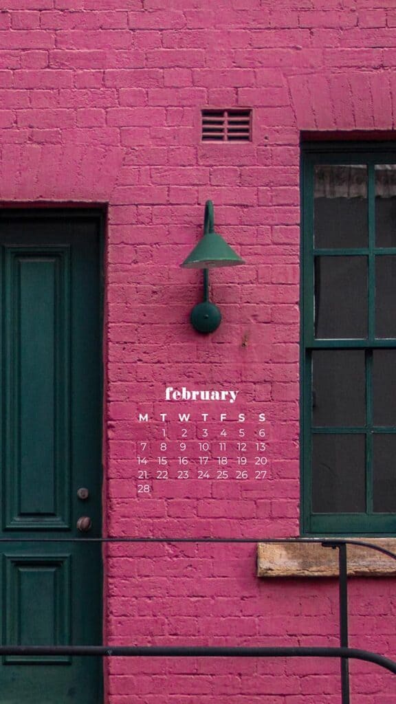 hot pink painted brownstone flat with cool old green door and light - February 2022 wallpapers – 50 FREE calendars for your desktop & phone!