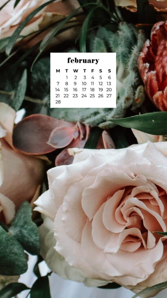 February 2022 blush, burgundy, and green florals - February 2022 wallpapers – 50 FREE calendars for your desktop & phone!