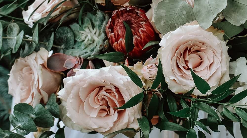 blush, burgundy, and green florals