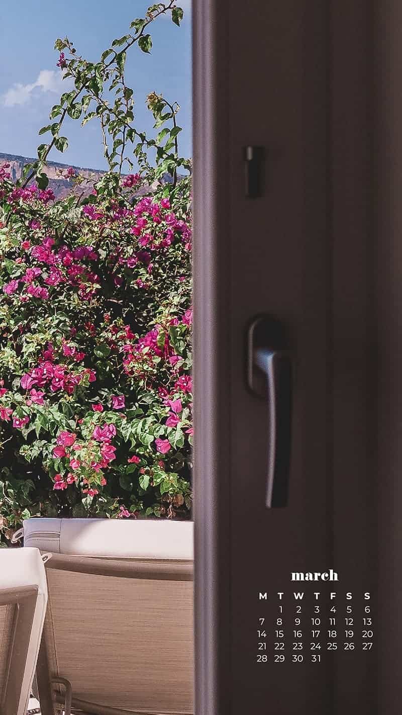 beautiful balcony view of flowers, ocean, and mountains - March 2022 free desktop wallpaper