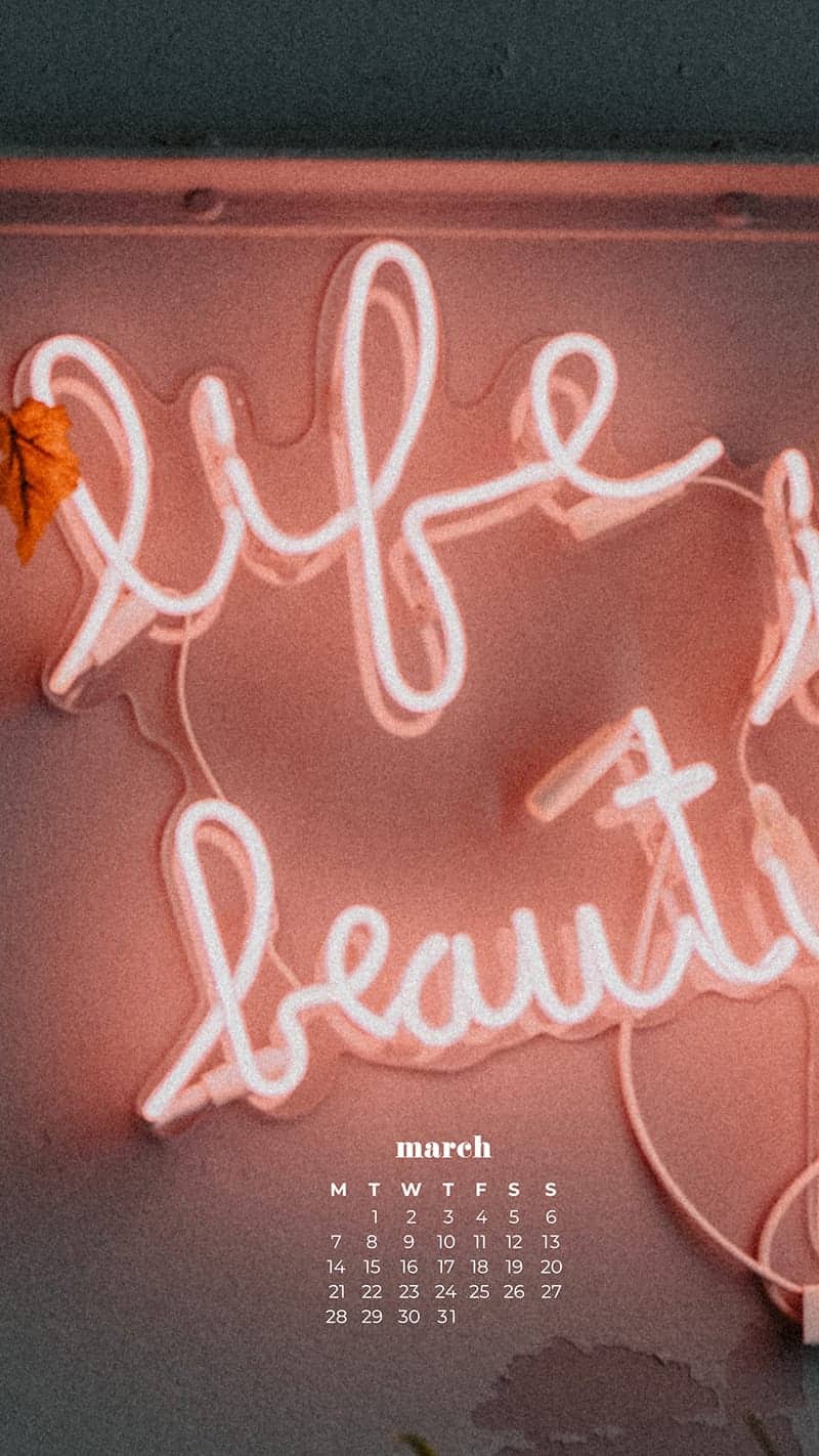 life is beautiful pink neon sign on white wall with plants - March 2022 free desktop wallpaper