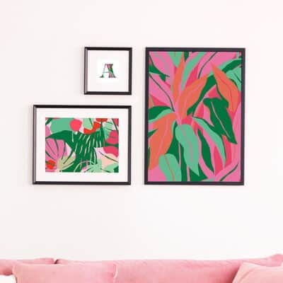 Mockup of my tropical freebies ain bold pink and green tones – 120 Patterns, wallpapers, & A-Z monogram printables!