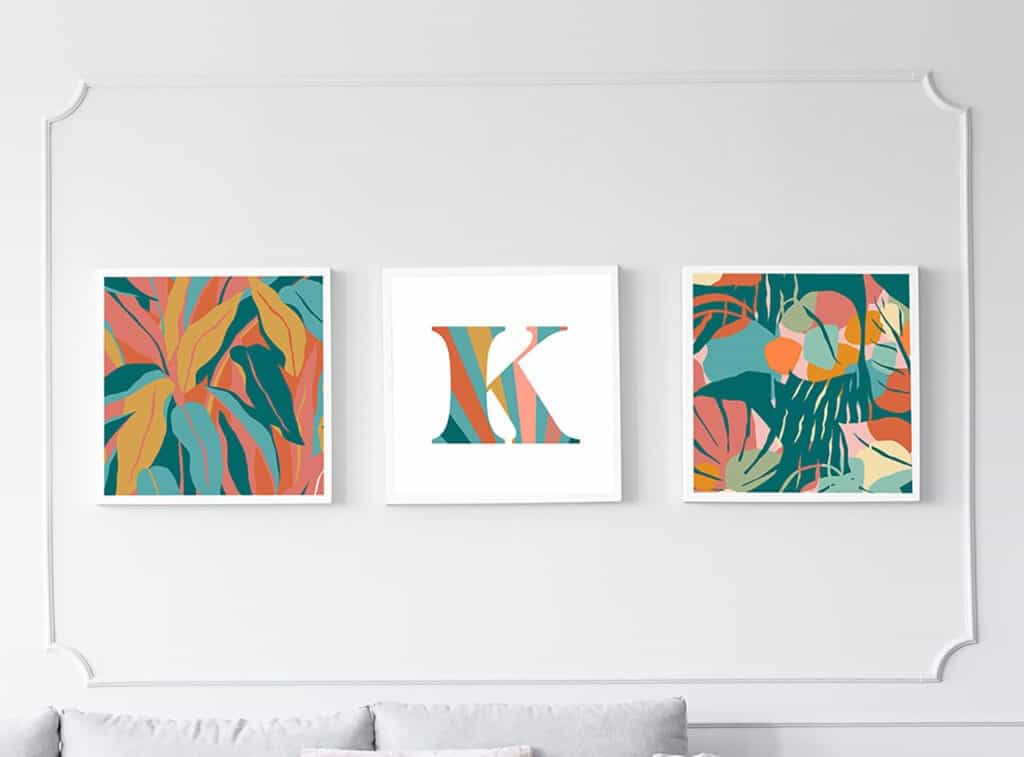 A mockup showing ideas for my 120 Tropical freebies – Pattern art printables, desktop & phone wallpapers, and coordinating A-Z monogram printables. Options galore!