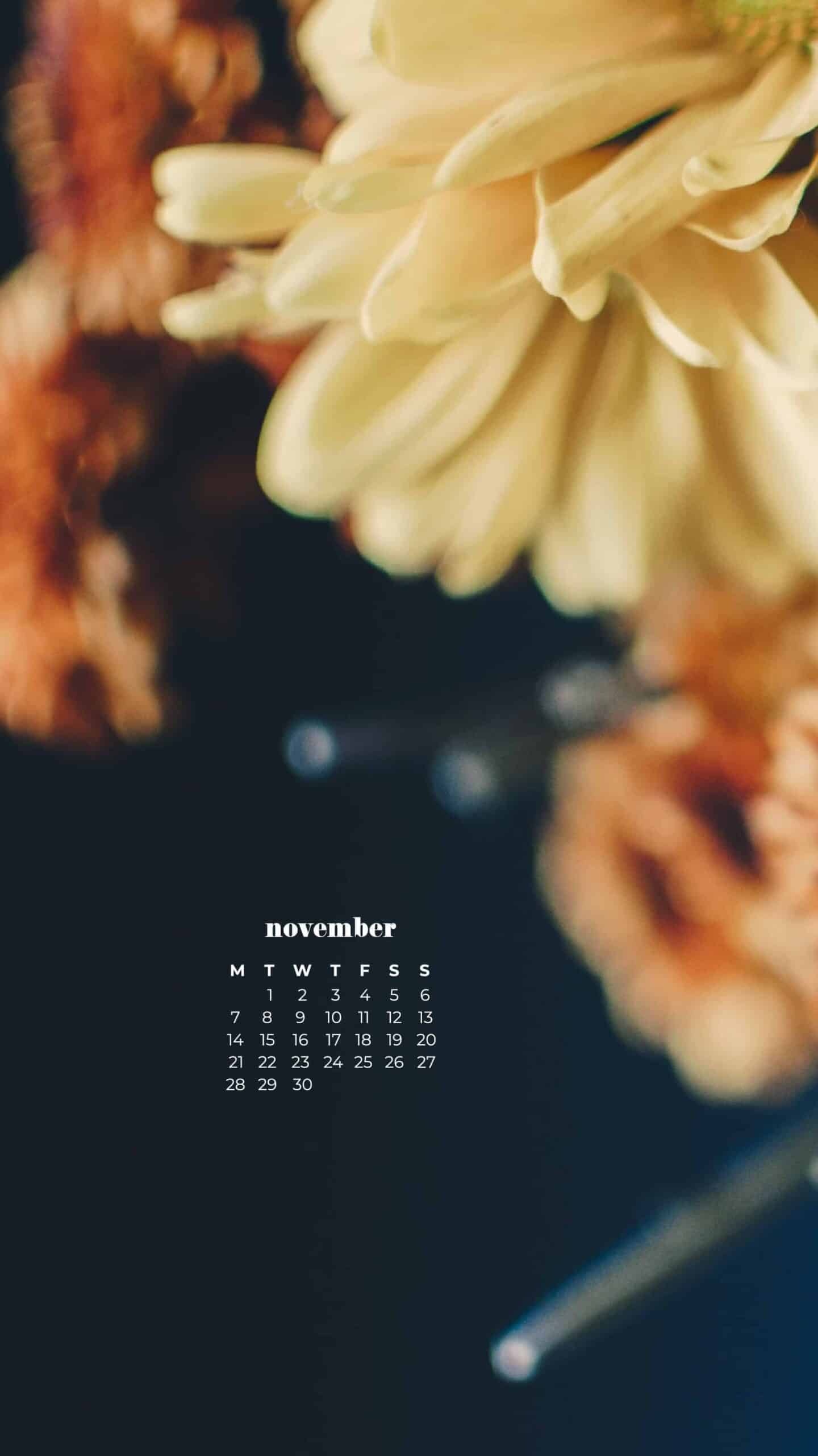 beautiful and colorful fall flowers with a vintage feel on navy backgrund November 2022 wallpapers – FREE calendars in Sunday & Monday starts + no-calendar designs. 59 beautiful options for desktop & smart phones!