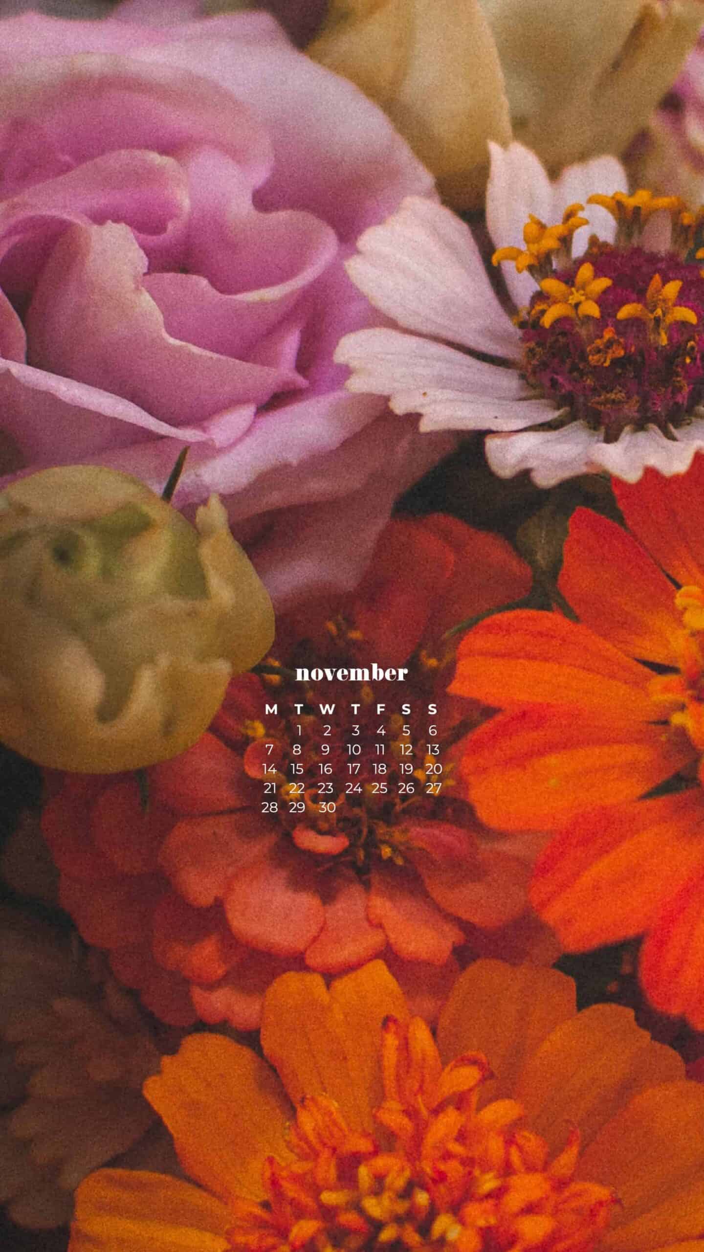 beautiful and colorful fall flowers with a vintage feel November 2022 wallpapers – FREE calendars in Sunday & Monday starts + no-calendar designs. 59 beautiful options for desktop & smart phones!