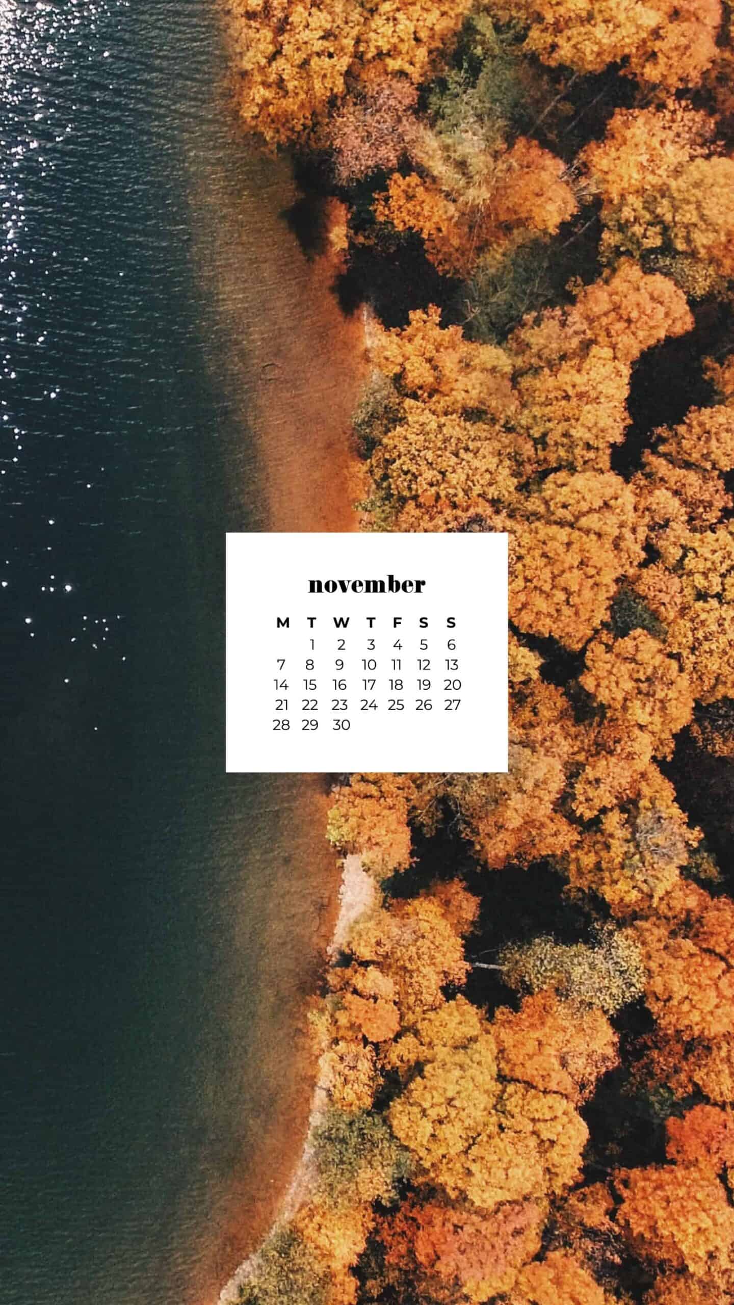 beautiful aerial scenic autumn landscape with the sea and colorful trees November 2022 wallpapers – FREE calendars in Sunday & Monday starts + no-calendar designs. 59 beautiful options for desktop & smart phones!