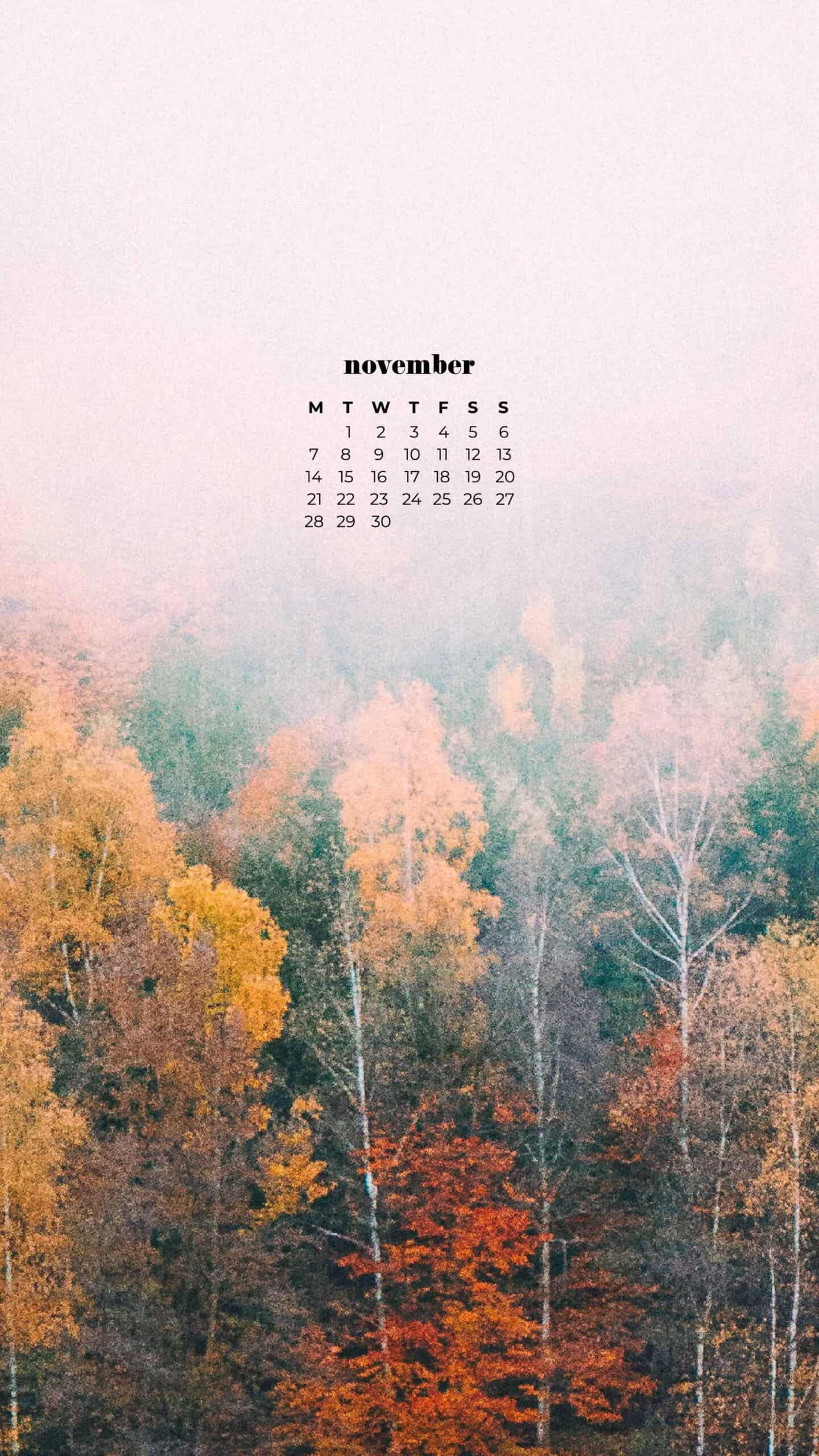 beautiful scenic autumn landscape at dawn with fog and colorful trees November 2022 wallpapers – FREE calendars in Sunday & Monday starts + no-calendar designs. 59 beautiful options for desktop & smart phones!