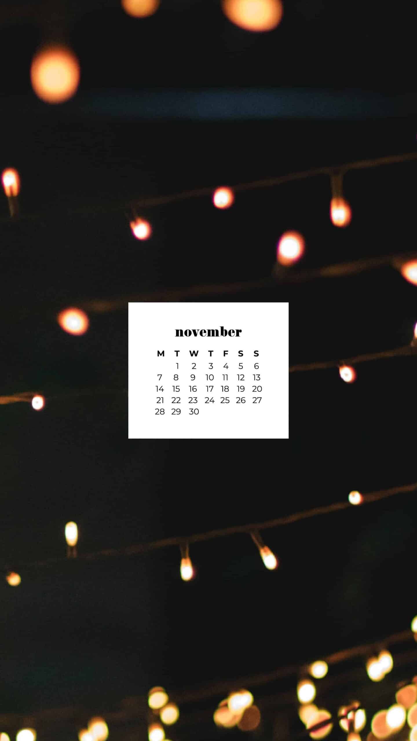 bokeh patio cafe lights at night blurry background November 2022 wallpapers – FREE calendars in Sunday & Monday starts + no-calendar designs. 59 beautiful options for desktop & smart phones!