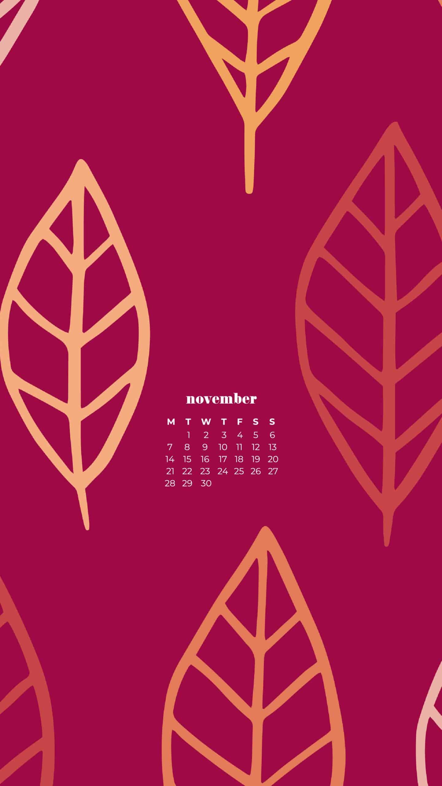 fall leaves illustrated on pink background November 2022 wallpapers – FREE calendars in Sunday & Monday starts + no-calendar designs. 59 beautiful options for desktop & smart phones!