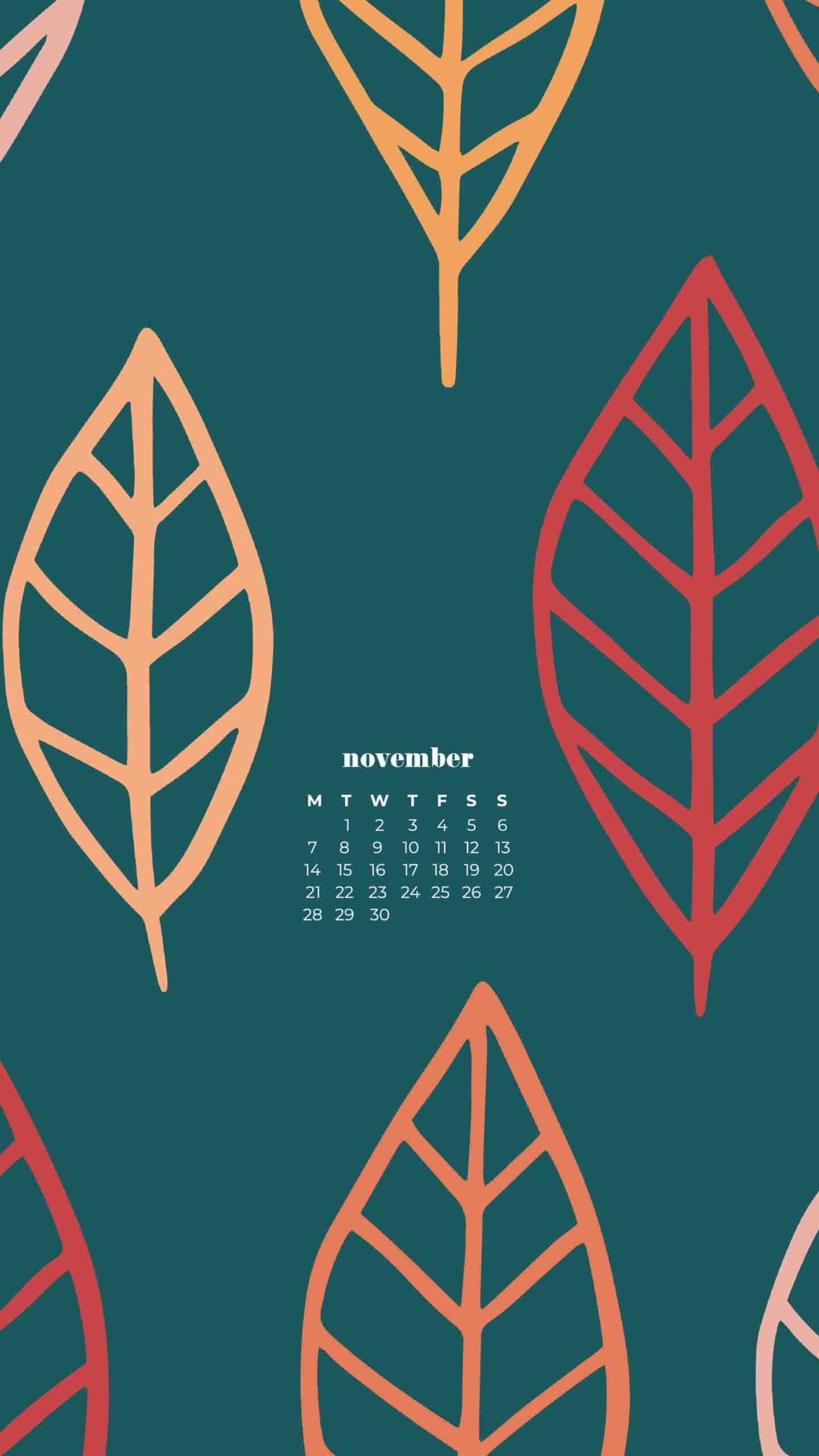 fall leaves illustrated on deep turquoise background November 2022 wallpapers – FREE calendars in Sunday & Monday starts + no-calendar designs. 59 beautiful options for desktop & smart phones!