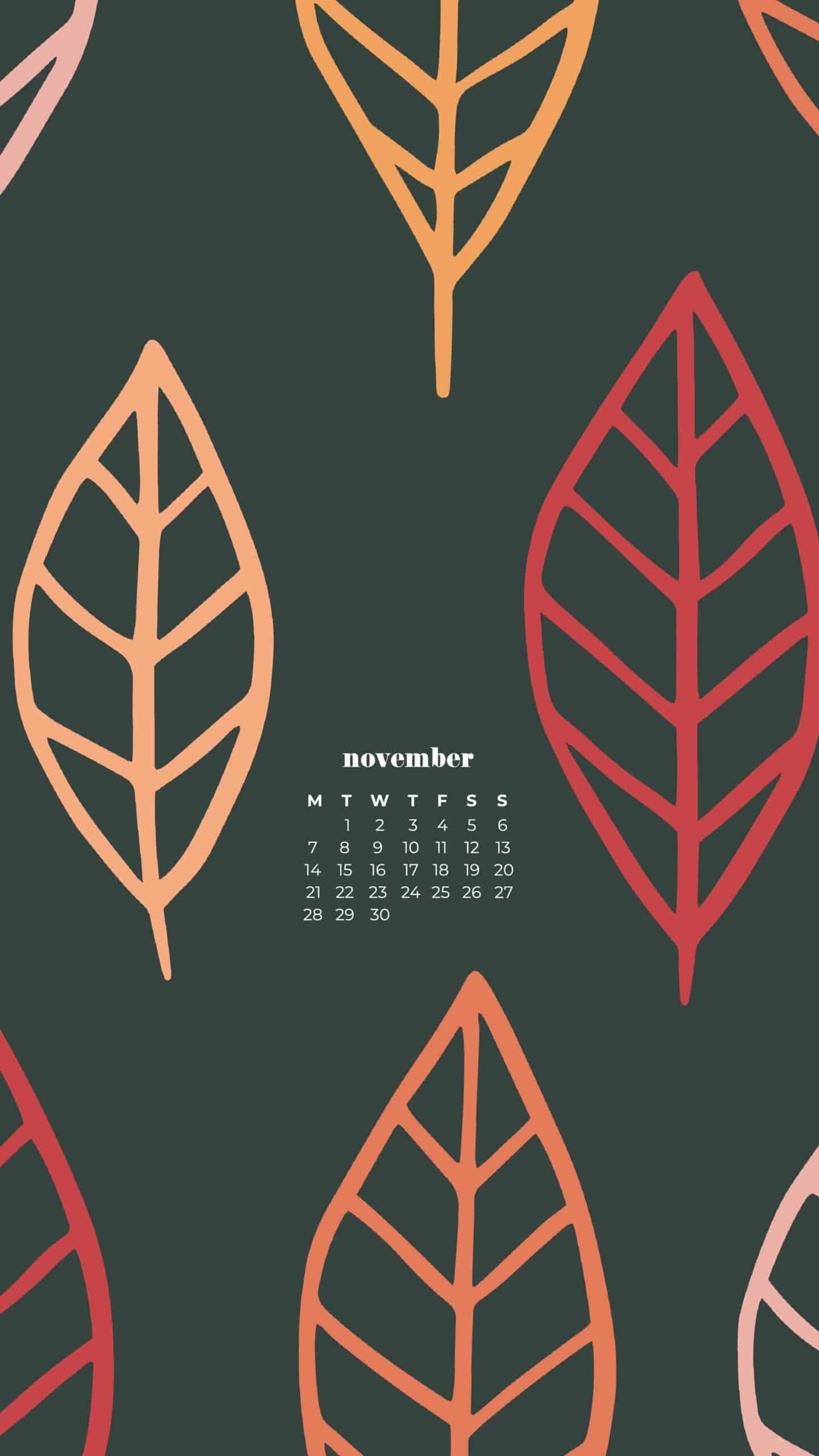 fall leaves illustrated on gray background November 2022 wallpapers – FREE calendars in Sunday & Monday starts + no-calendar designs. 59 beautiful options for desktop & smart phones!