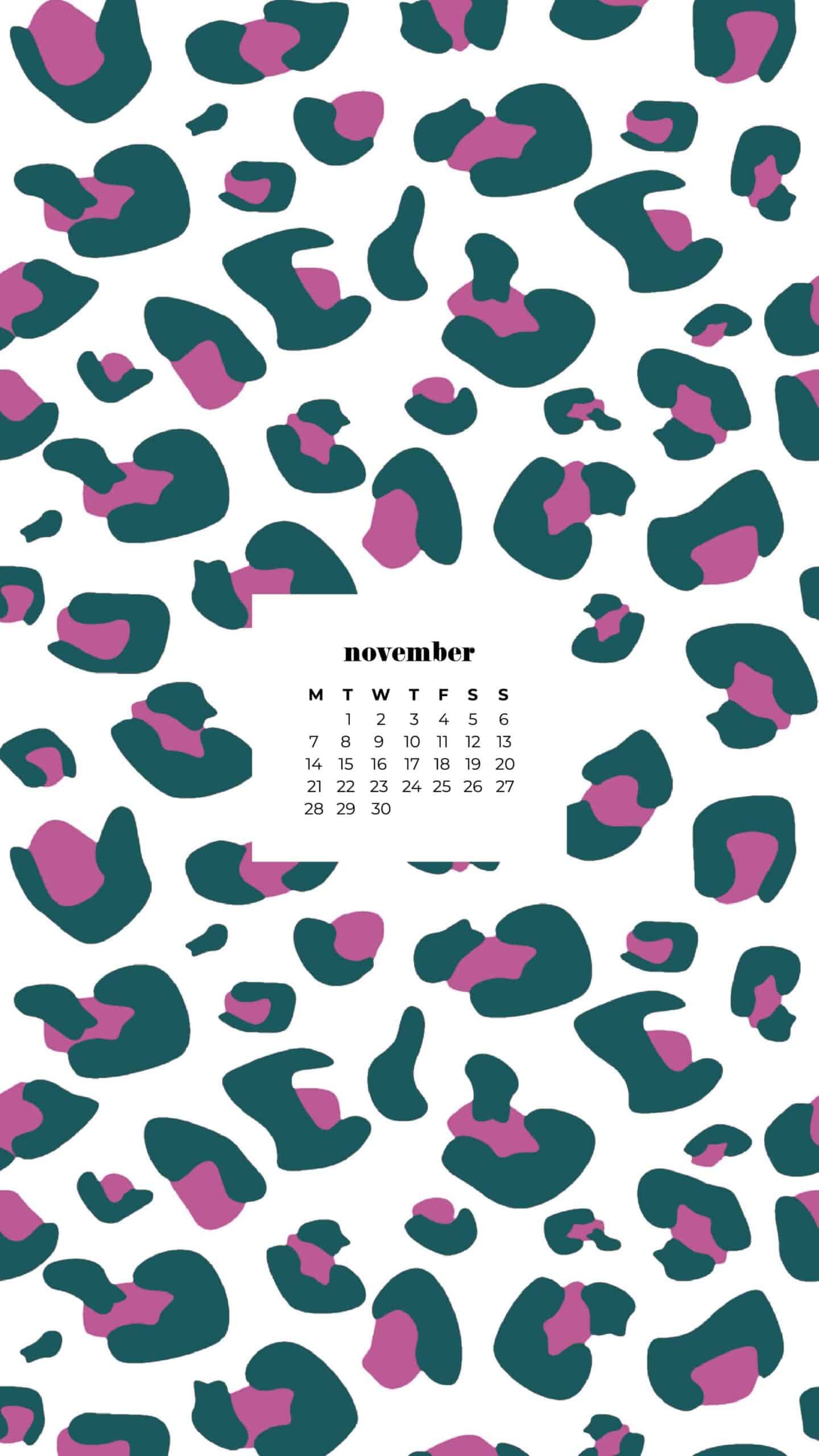 modern abstract cheetah pattern in pink and turquoise on white November 2022 wallpapers – FREE calendars in Sunday & Monday starts + no-calendar designs. 59 beautiful options for desktop & smart phones!