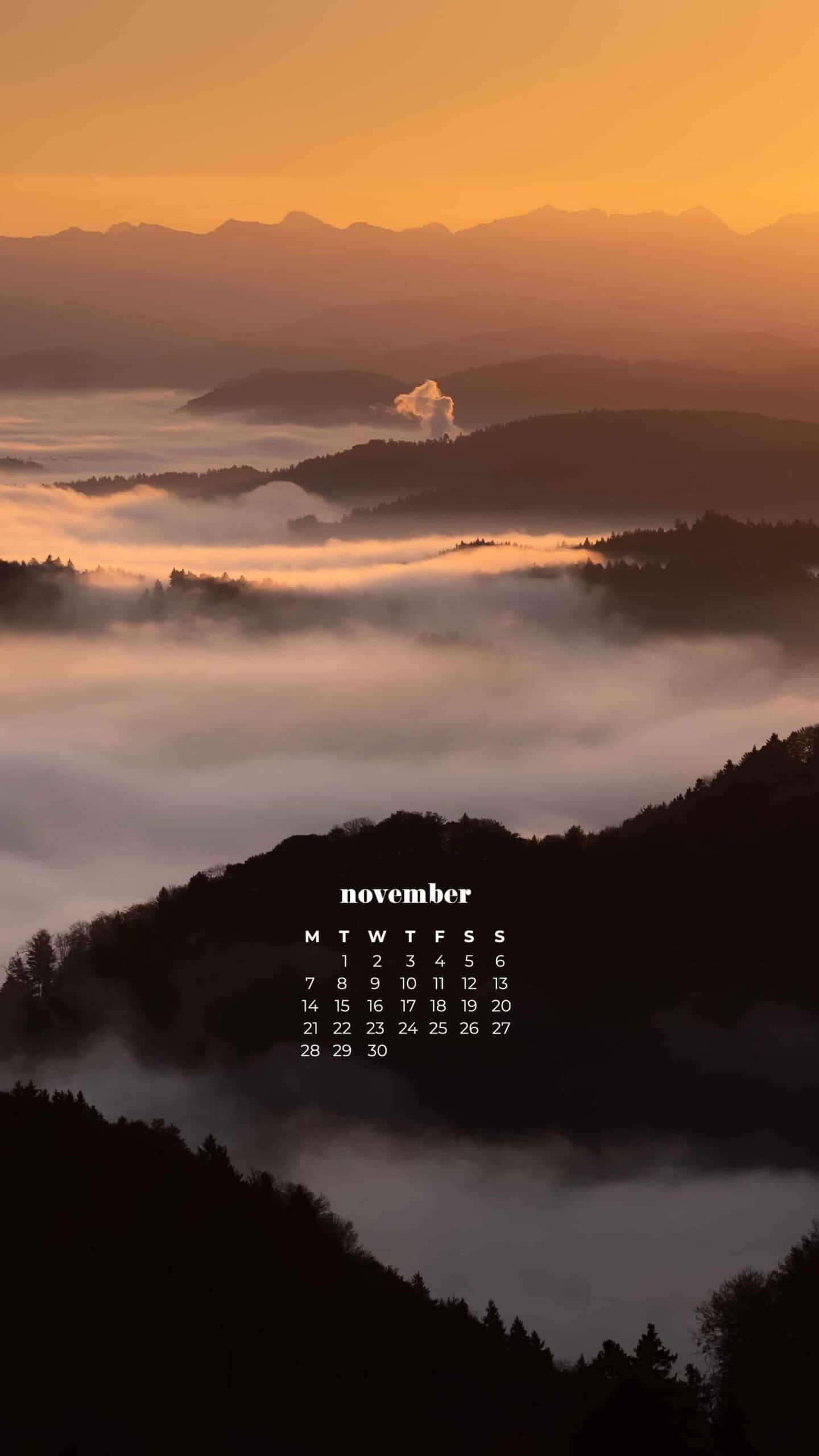 beautiful scenic autumn mountain landscape at dawn with fog November 2022 wallpapers – FREE calendars in Sunday & Monday starts + no-calendar designs. 59 beautiful options for desktop & smart phones!