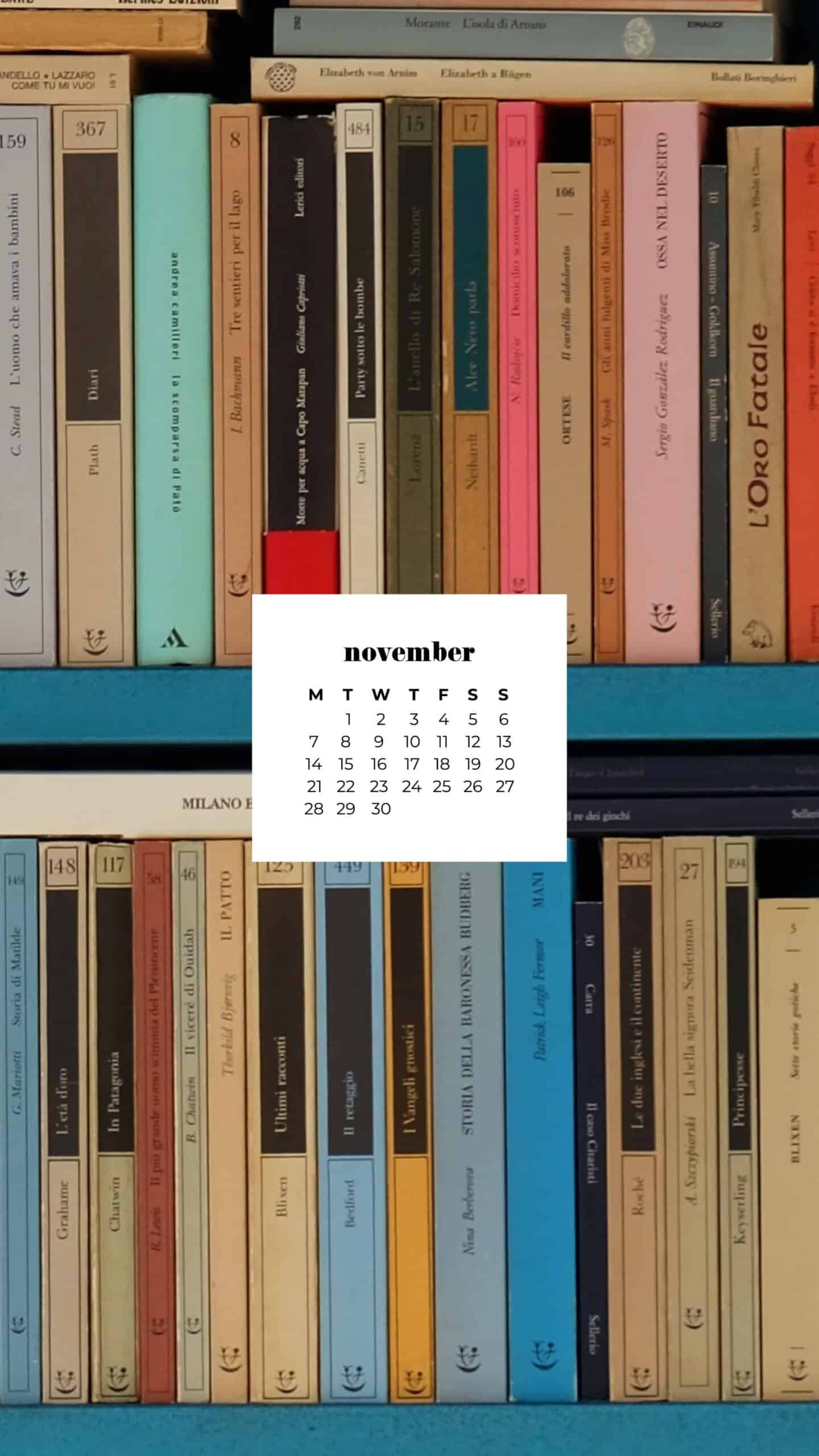 colorful books filling a blue shelf November 2022 wallpapers – FREE calendars in Sunday & Monday starts + no-calendar designs. 59 beautiful options for desktop & smart phones!