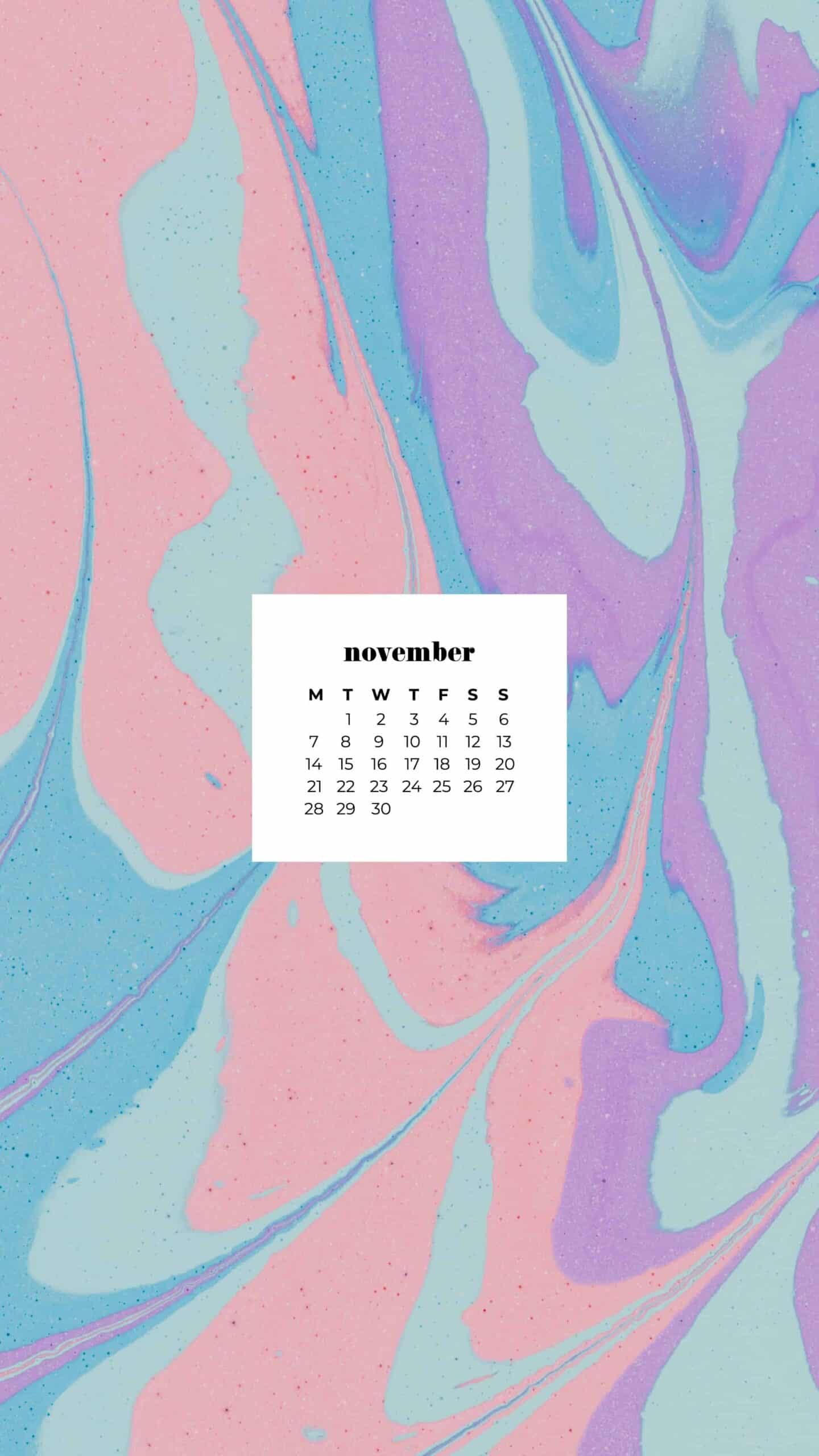 swirly paint design in pink, blue, purple and green colors November 2022 wallpapers – FREE calendars in Sunday & Monday starts + no-calendar designs. 59 beautiful options for desktop & smart phones!