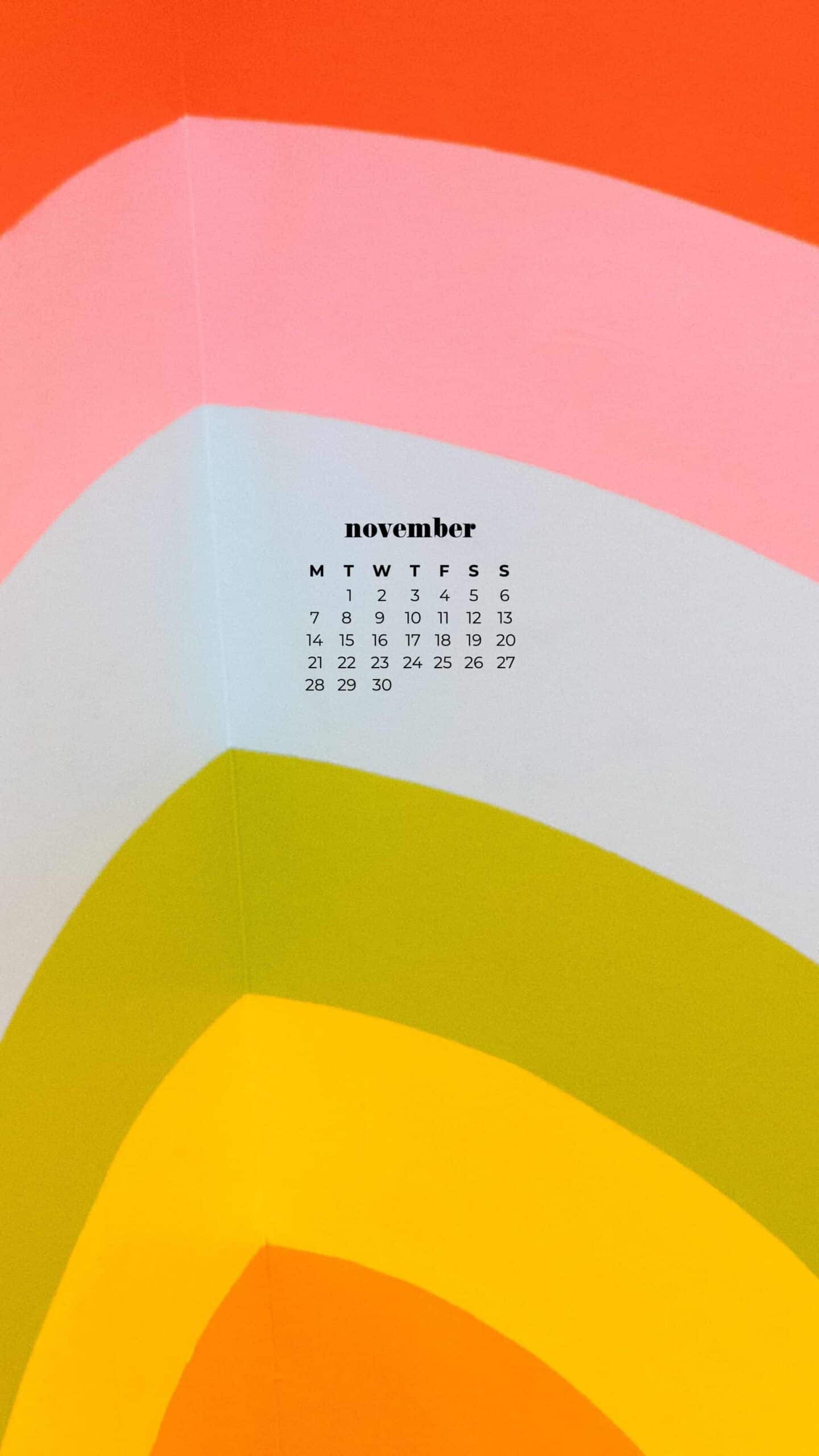 orange, pink, white, green, and yellow stripes design, retro look November 2022 wallpapers – FREE calendars in Sunday & Monday starts + no-calendar designs. 59 beautiful options for desktop & smart phones!