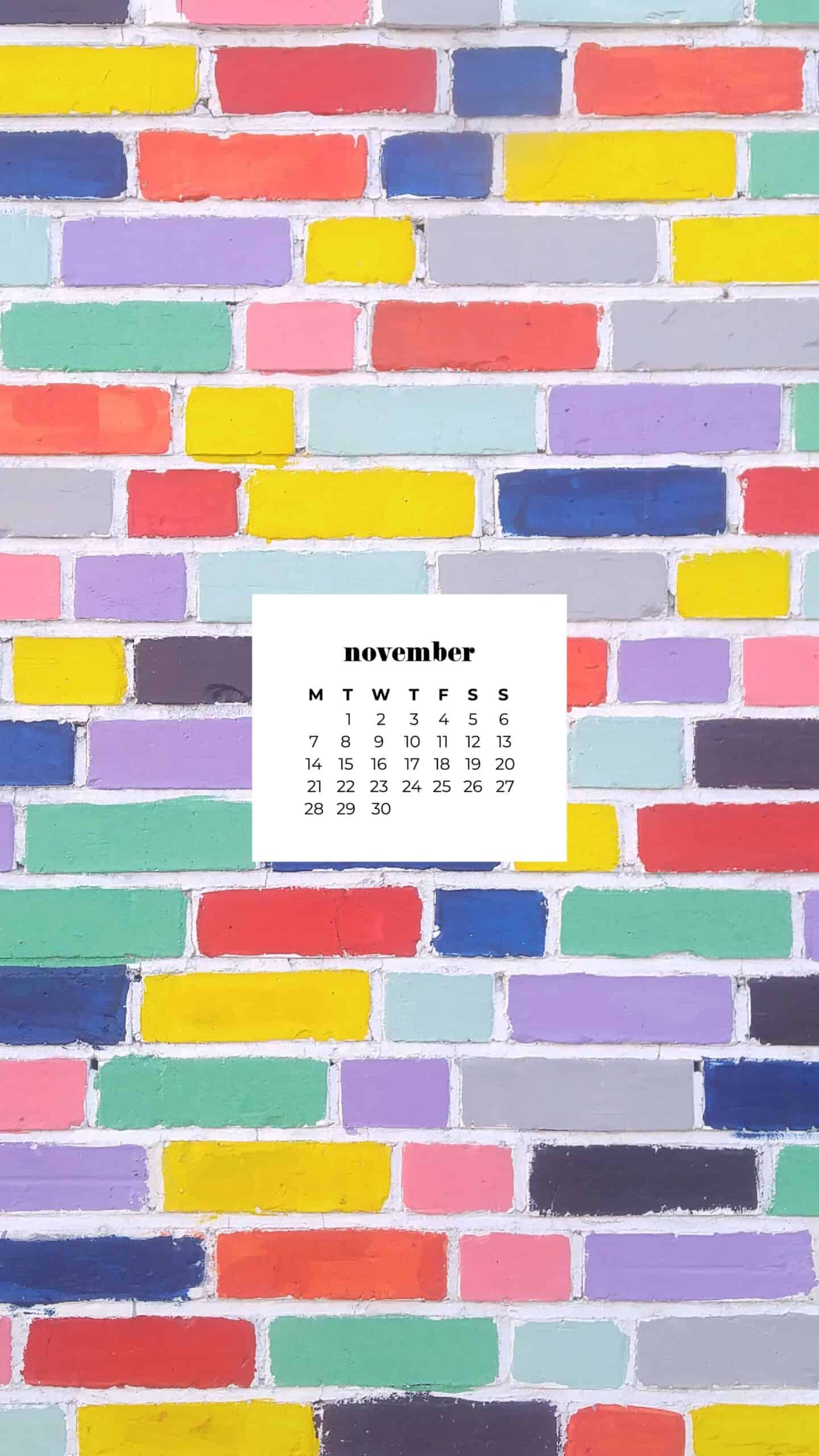 rainbow colorful brick wall November 2022 wallpapers – FREE calendars in Sunday & Monday starts + no-calendar designs. 59 beautiful options for desktop & smart phones!