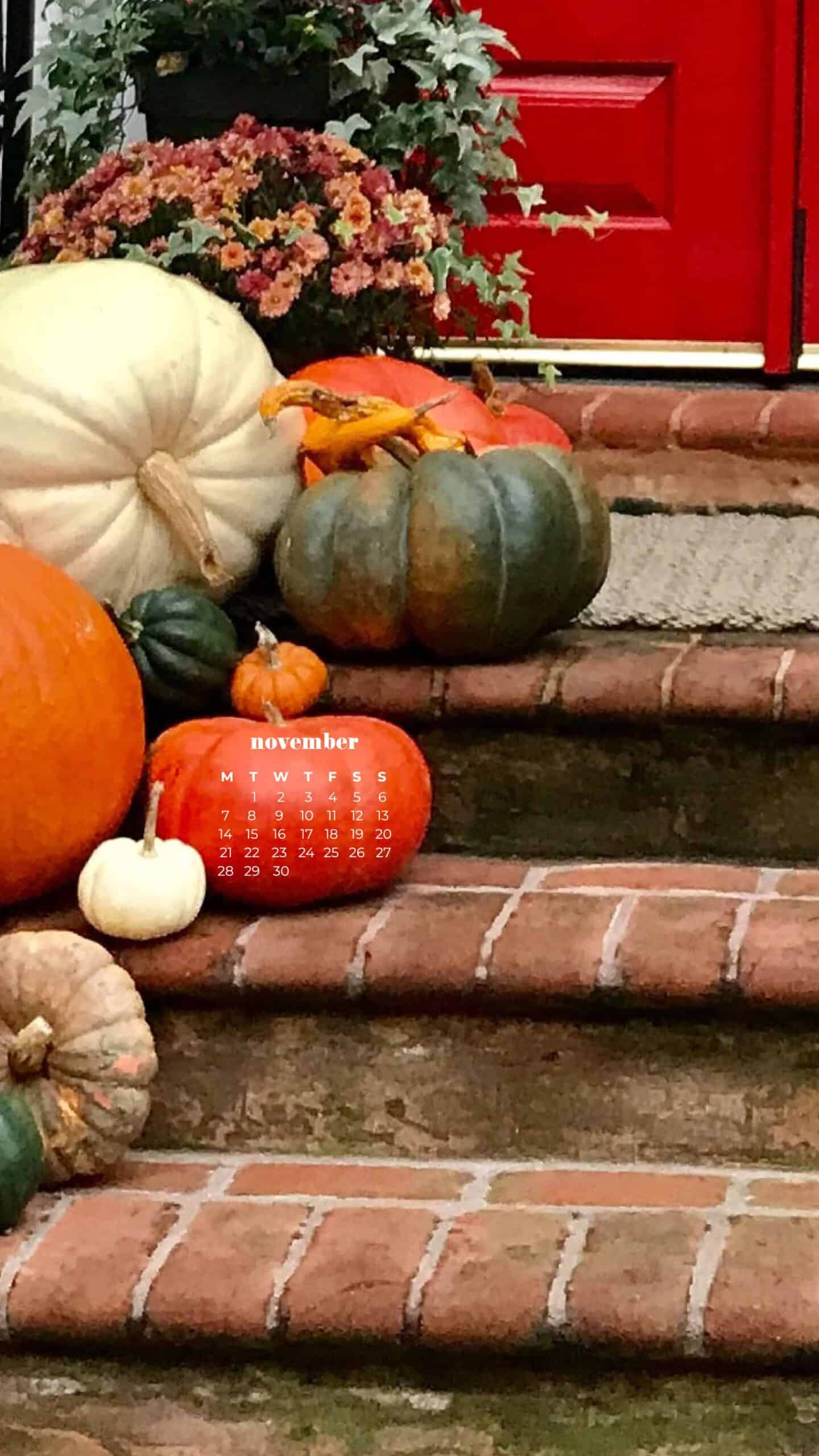 colorful pumpkins on front porch of a white house with a red door November 2022 wallpapers – FREE calendars in Sunday & Monday starts + no-calendar designs. 59 beautiful options for desktop & smart phones!