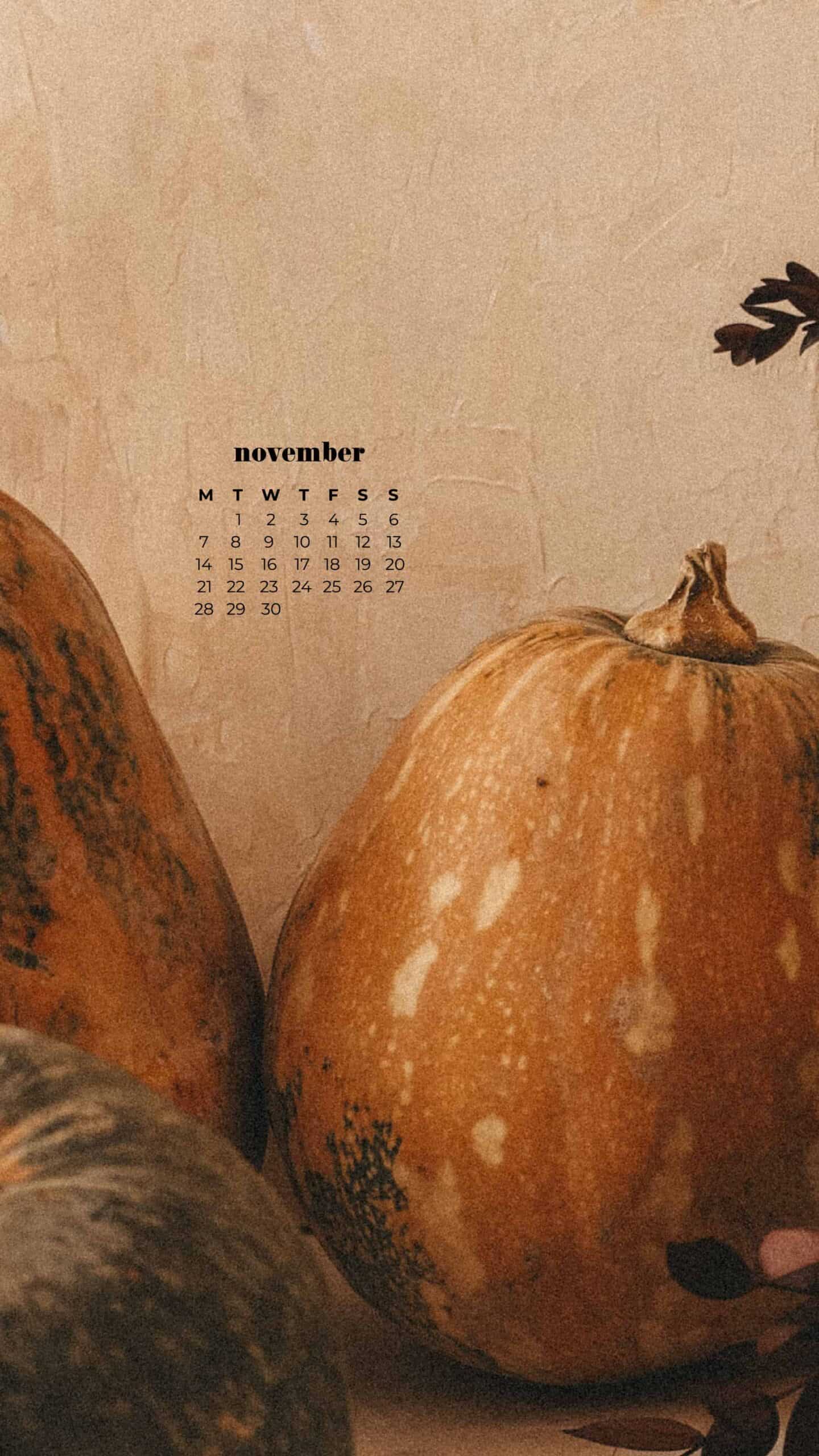 neutral textured background with muted orange, yellow, and green pumpkins and fall foliage November 2022 wallpapers – FREE calendars in Sunday & Monday starts + no-calendar designs. 59 beautiful options for desktop & smart phones!