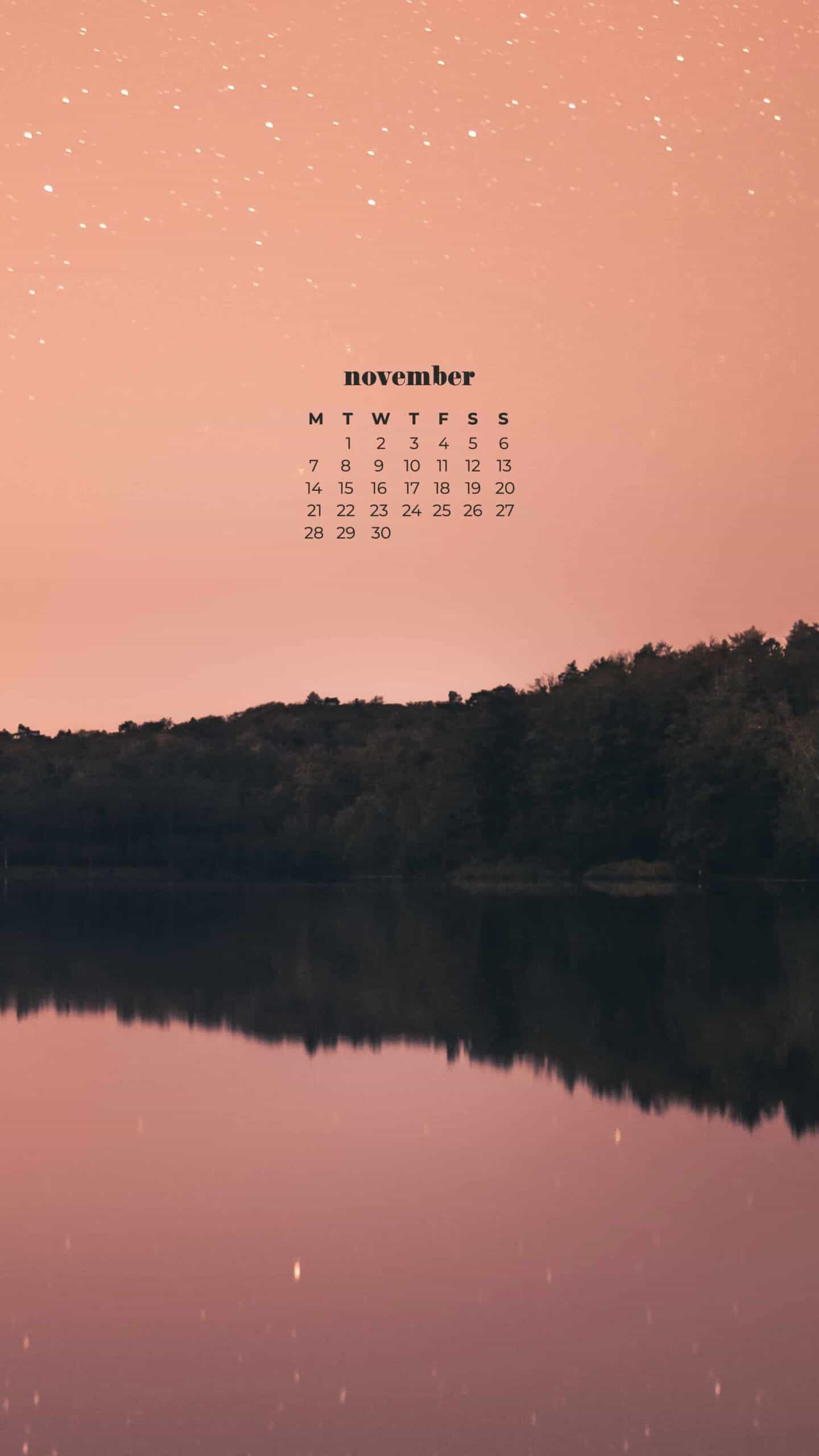 scenic fall trees at dusk with starry pink sky and water reflections November 2022 wallpapers – FREE calendars in Sunday & Monday starts + no-calendar designs. 59 beautiful options for desktop & smart phones!