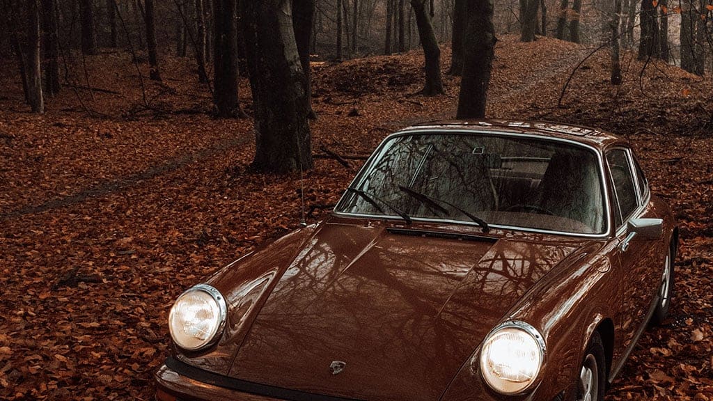 vintage rust colored porche car in a forest with matching colored leaves on ground - monochromatic autumn fall shot November 2022 wallpapers – FREE calendars in Sunday & Monday starts + no-calendar designs. 59 beautiful options for desktop & smart phones!