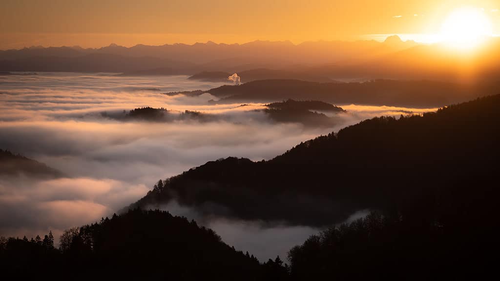 beautiful scenic autumn mountain landscape at dawn with fog November 2022 wallpapers – FREE calendars in Sunday & Monday starts + no-calendar designs. 59 beautiful options for desktop & smart phones!