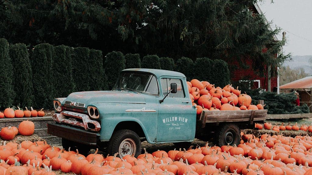 aqua vintage truck with orange pumpkins in the back and on the ground by a red barn fall scene November 2022 wallpapers – FREE calendars in Sunday & Monday starts + no-calendar designs. 59 beautiful options for desktop & smart phones!