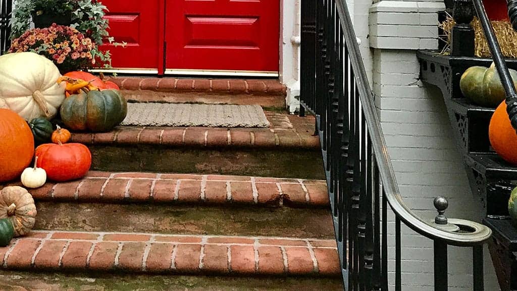 colorful pumpkins on front porch of a white house with a red door November 2022 wallpapers – FREE calendars in Sunday & Monday starts + no-calendar designs. 59 beautiful options for desktop & smart phones!