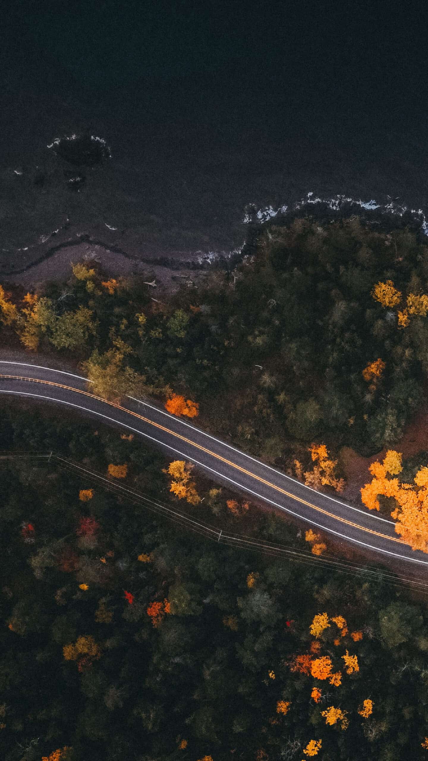 beautiful aerial scenic autumn landscape with the sea, winding road, and colorful trees November 2022 wallpapers – FREE calendars in Sunday & Monday starts + no-calendar designs. 59 beautiful options for desktop & smart phones!